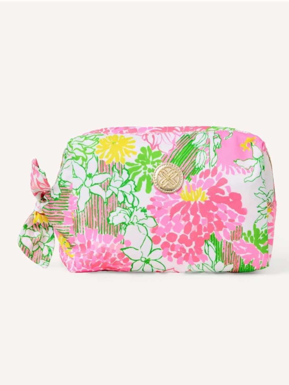 Lilly Pulitzer Pink Floral Cosmetic Pouch with Gold Emblem